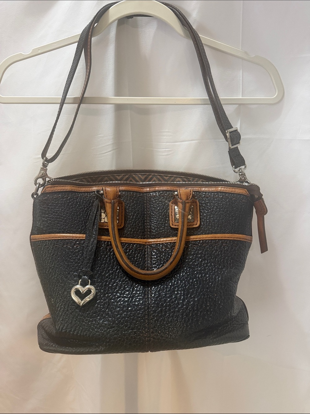 Brighton Black Pebbled Leather Shoulder Bag with Brown Trim